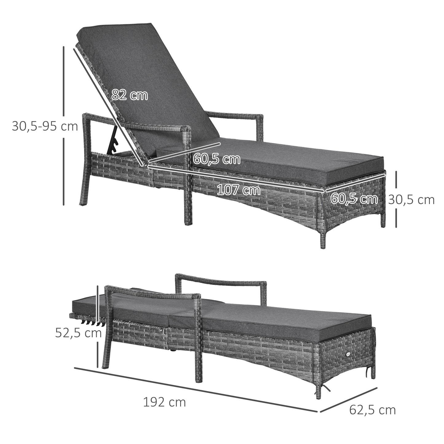 Outsunny Conjunto De 2 Tumbonas De Ratán Jardín Con Respaldo Ajustable Cojines_2