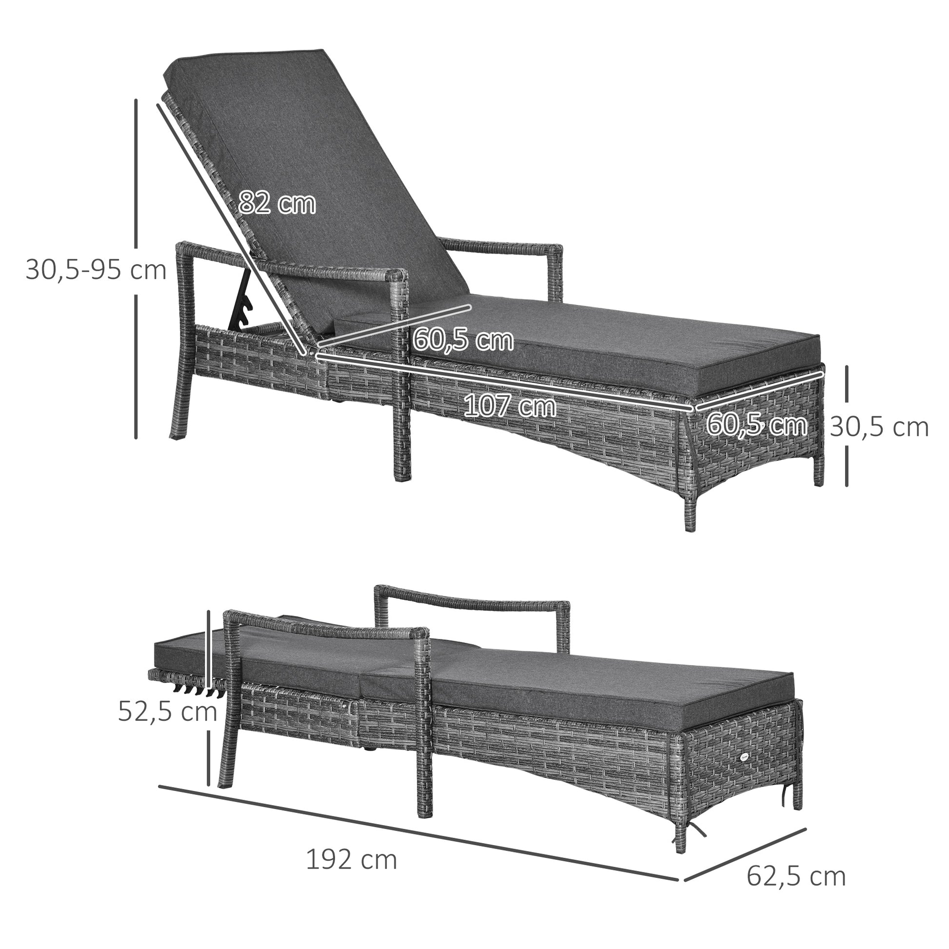 Outsunny Conjunto De 2 Tumbonas De Ratán Jardín Con Respaldo Ajustable Cojines_2