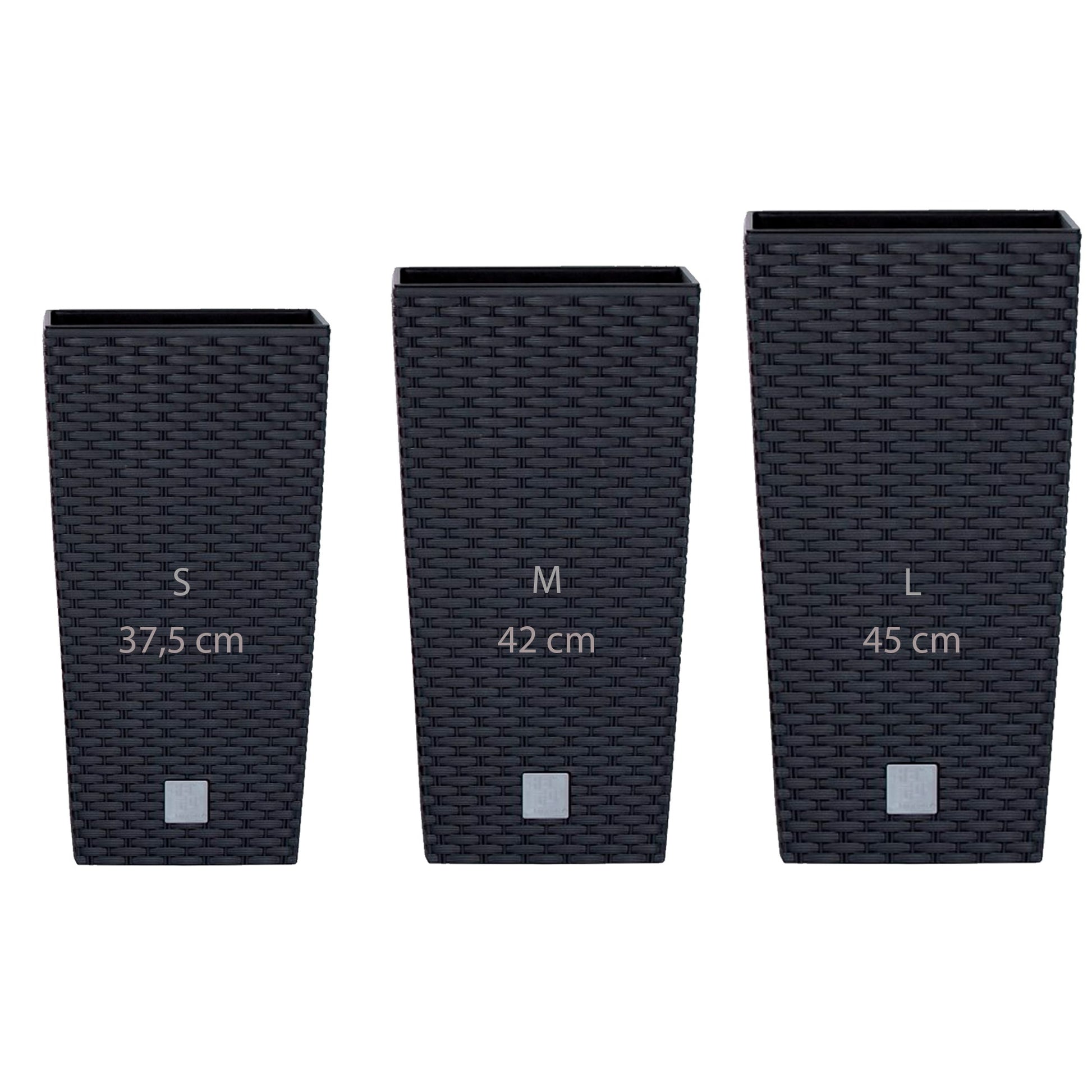 Pack 3 Macetas Altas Prosperplast (11,4/16,3/19 Litros) Rato Square De Plastico En Color Antracita Con Deposito._0