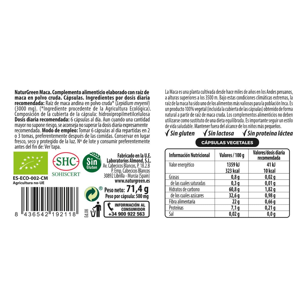 Cápsulas de Maca Bio EXPERIENCE Naturgreen 120 cápsulas