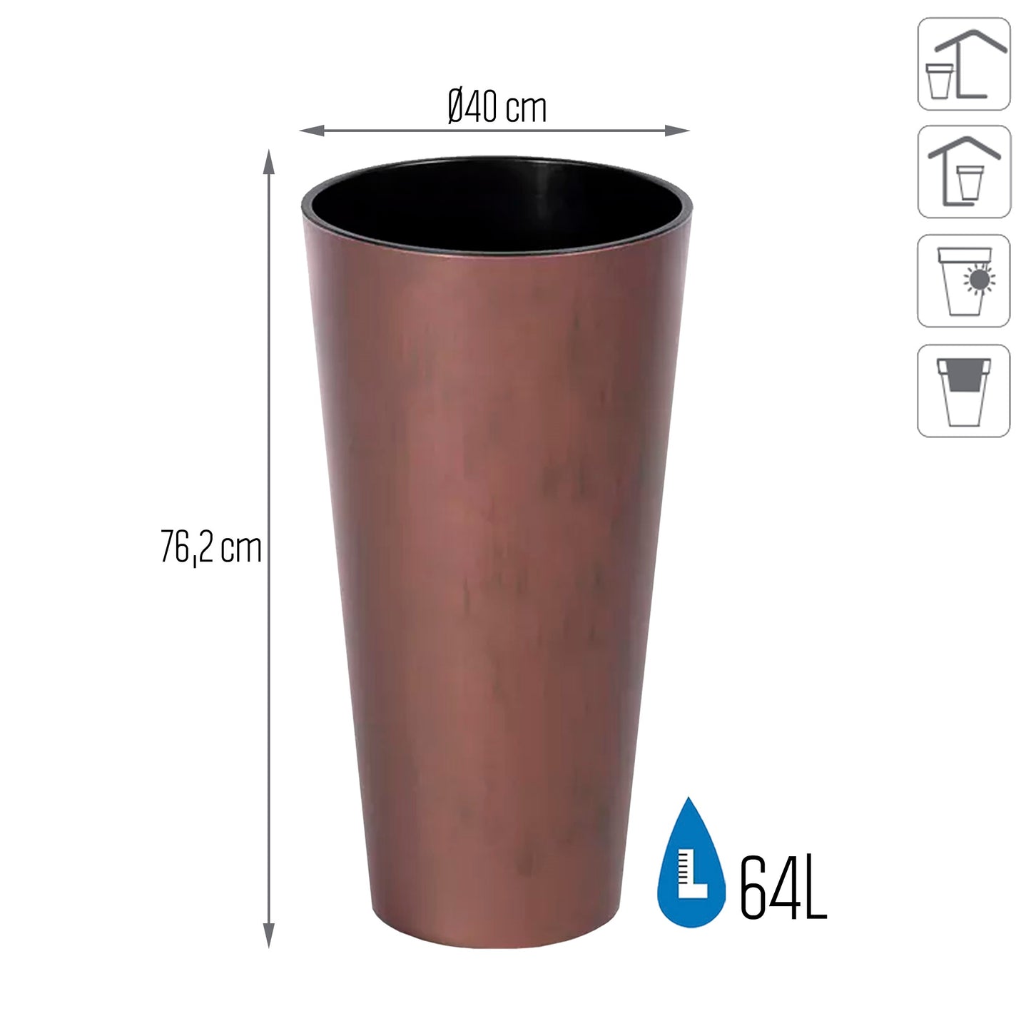 Maceta Tubus Slim Corten 64l., Con Depósito, Dimensiones (mm) 400x400x762, Color Cobre