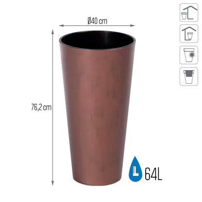 Maceta Tubus Slim Corten 64l., Con Depósito, Dimensiones (mm) 400x400x762, Color Cobre