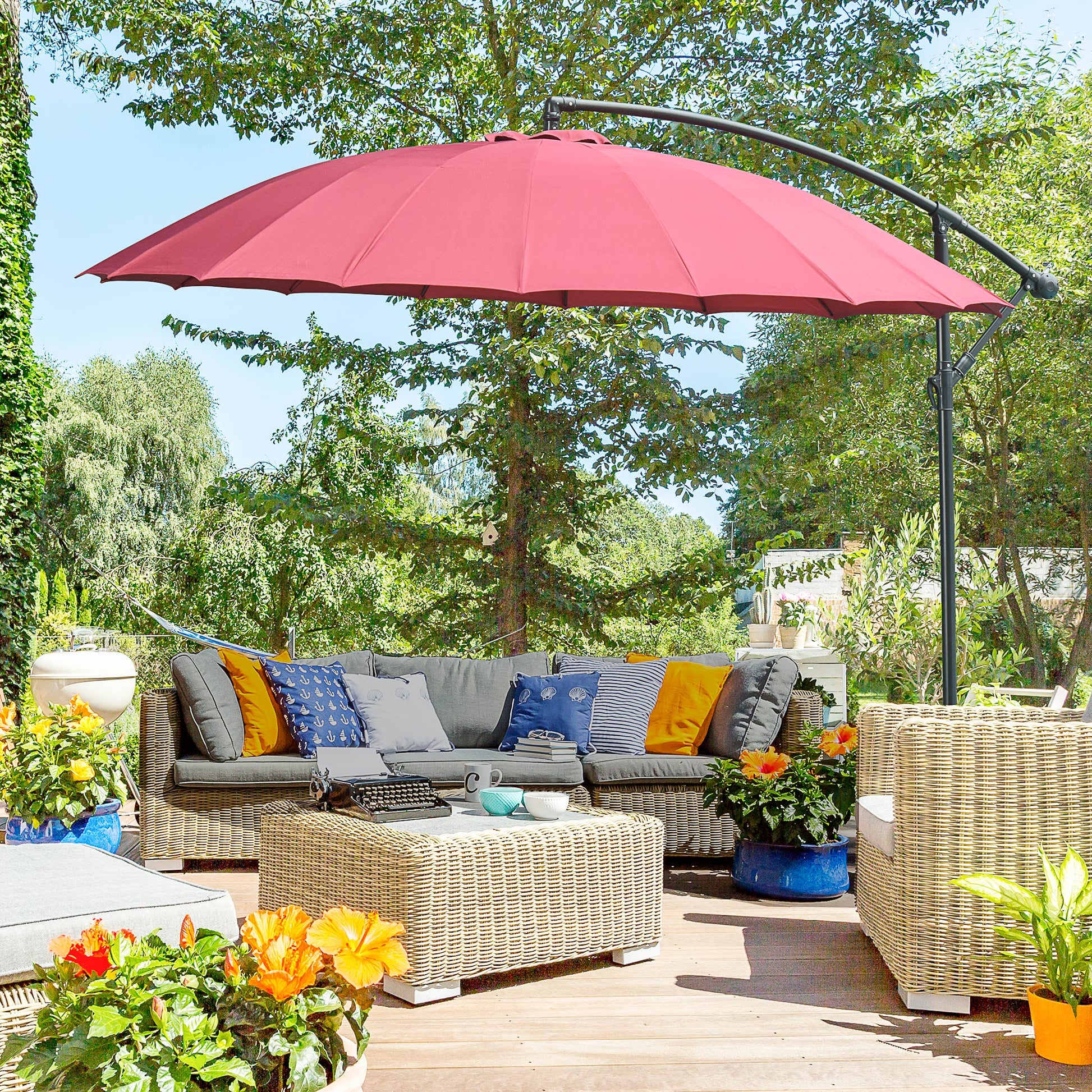 Outsunny Sombrilla Jardín Ø300 Cm Con Manivela Manual Base Cruzada Rojo_1