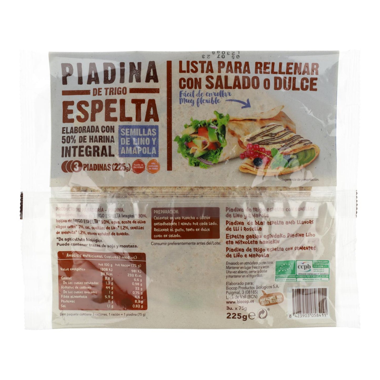 Piadina de Trigo Integral com Sementes de Linho e Papoila Biocop 225 g