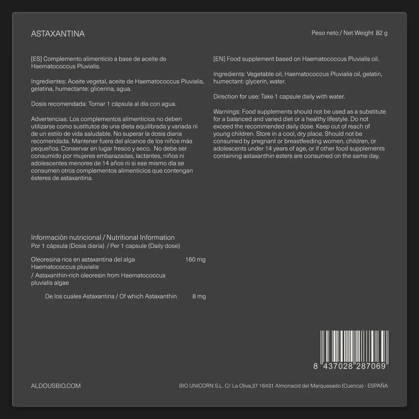 Astaxantina Natural Pura 8 mg, 160 mg Aceite Rico en Astaxantina Aldous Bio 120 Perlas