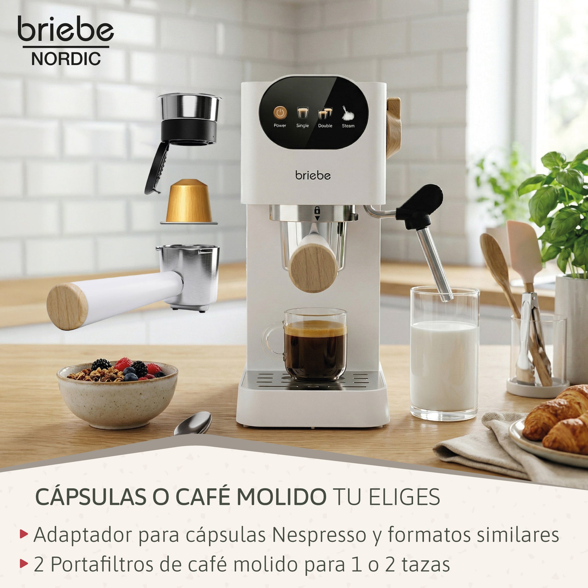 Briebe Nordic Set Cafetera 20 Bares Cápsulas, Café Molido Espumador Leche Tostadora 2 Rebanadas Anchas,skt1221wht,blanco_5