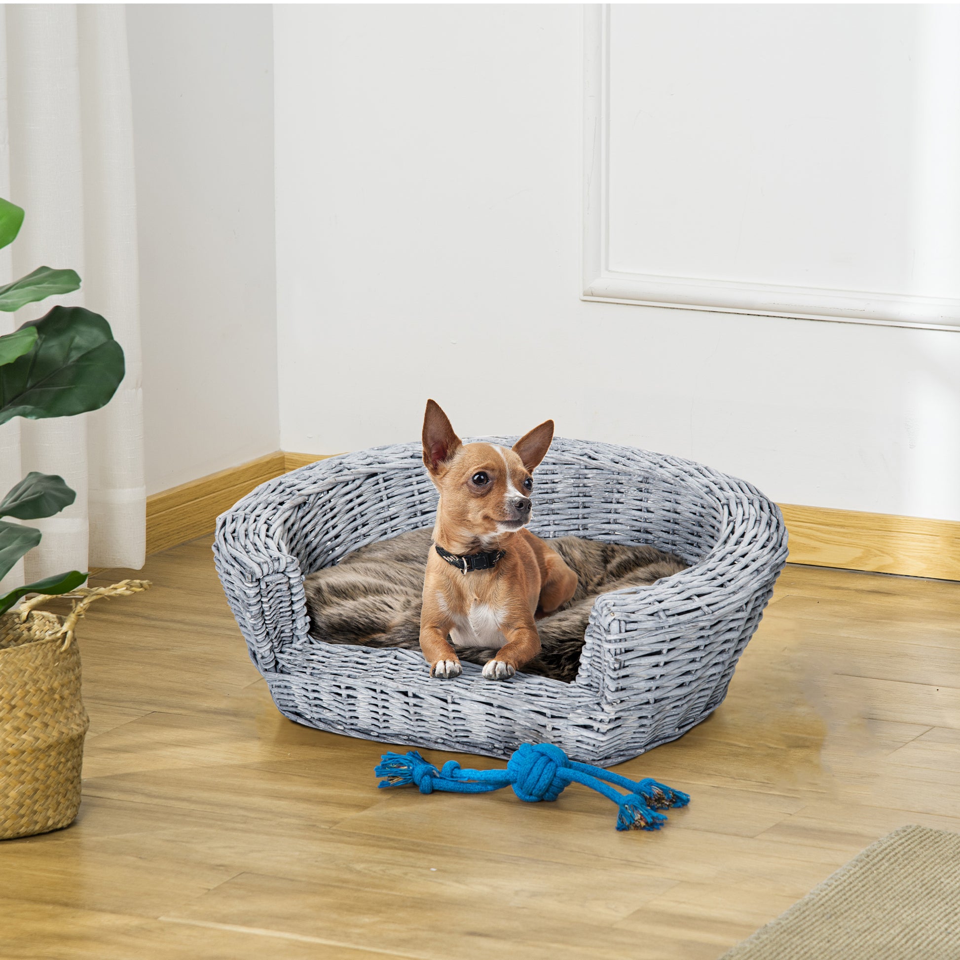 Pawhut Cama Para Perros De Mimbre Cesta Gatos Con Cojín Lavable 57x46x17,5 Cm_1