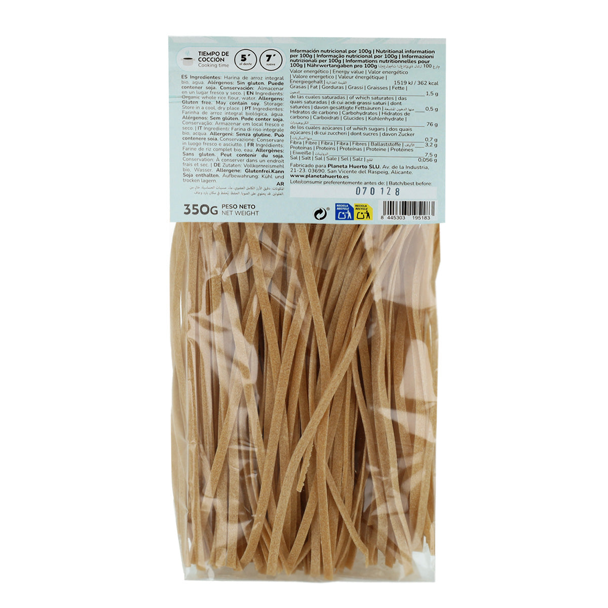 Tallarines de arroz integral ECO sin gluten Planeta Huerto 350 g