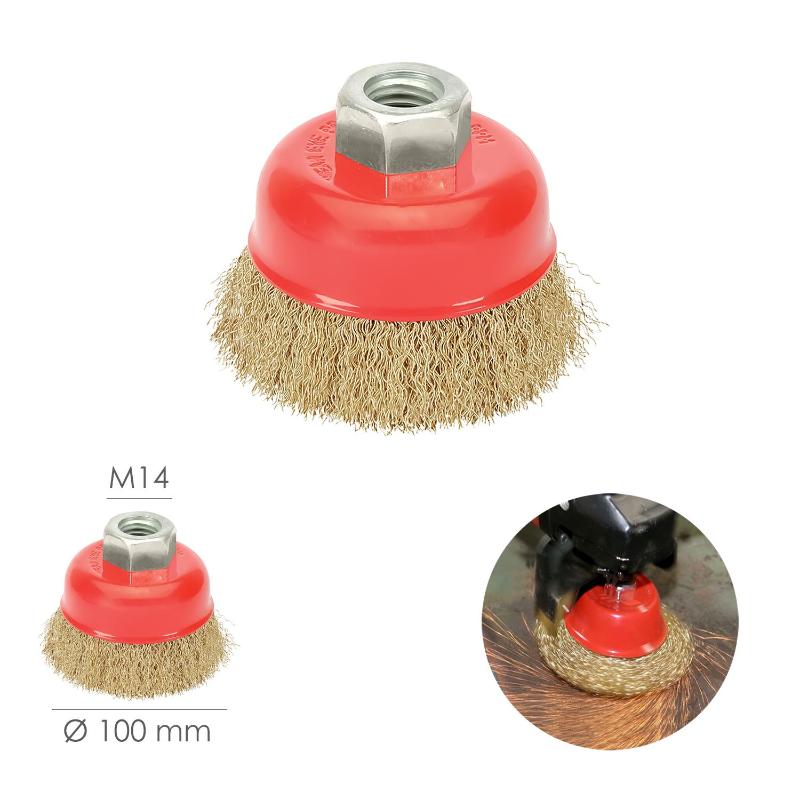 Cepillo Taza Con Alambre De Acero Latonado Rosca M14, Ø 100 Mm. Alambre De Ø 0,30 Mm.