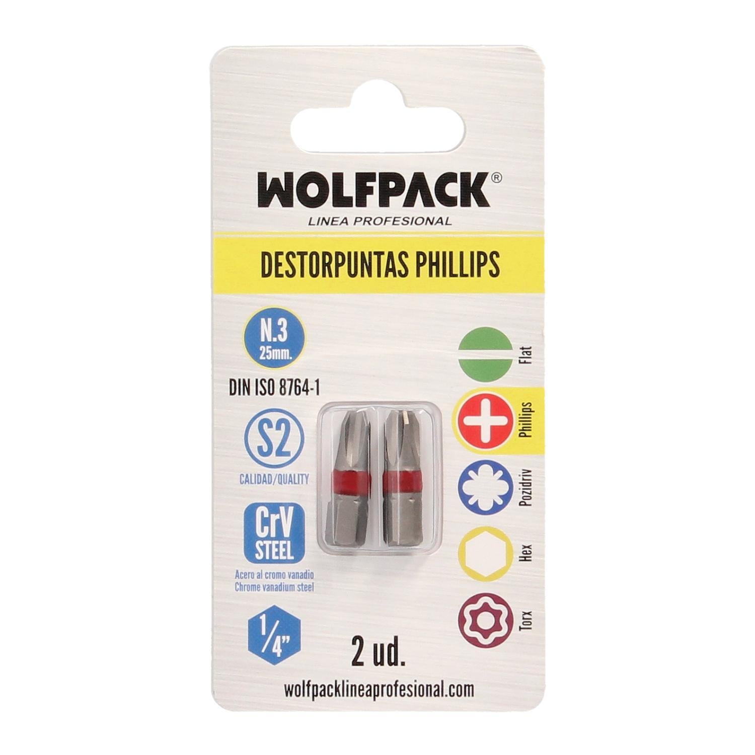 Puntas Destornillador Phillips Nº 3 (2 Piezas). Acero S2 Al Cromo Vanadio. Puntas Hexagonales, Destorpuntas,