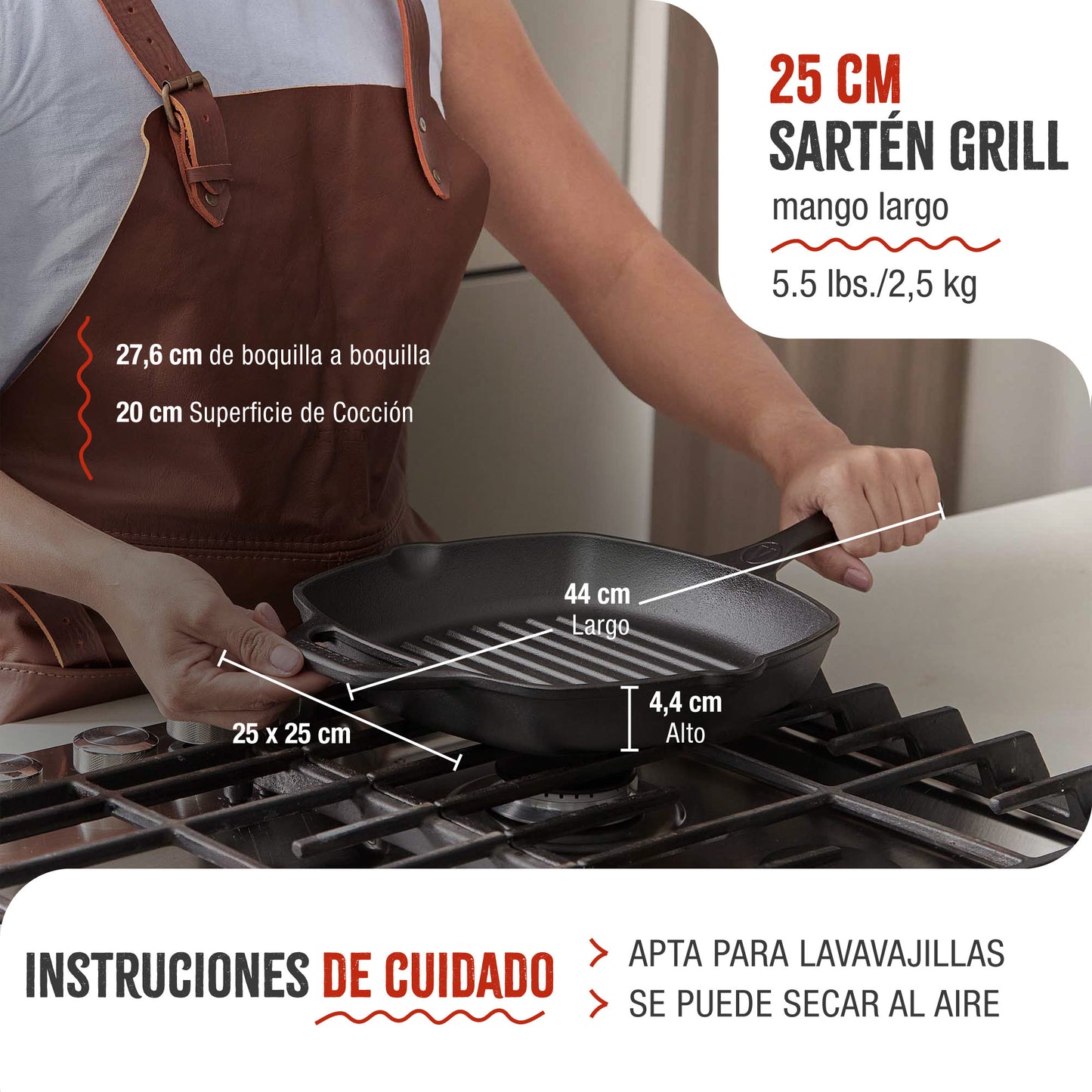 Victoria Sartén Grill Hierro Fundido Esmaltado Inducción 25x25cm Apta Fuego Barbacoa, Cast Iron Skillet, 39561, Negro_4