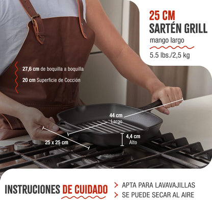 Victoria Sartén Grill Hierro Fundido Esmaltado Inducción 25x25cm Apta Fuego Barbacoa, Cast Iron Skillet, 39561, Negro_4