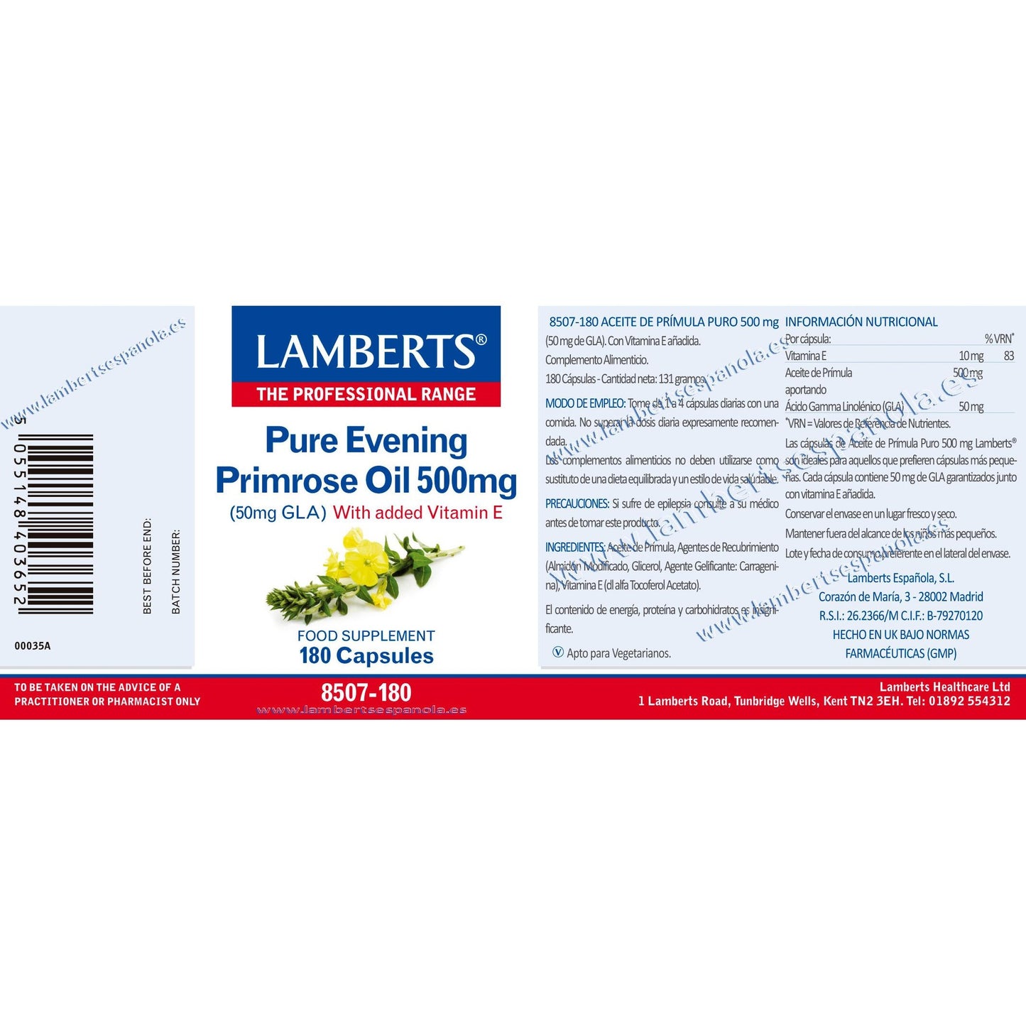 Óleo de Onagra Puro Lamberts 180 cápsulas 500mg