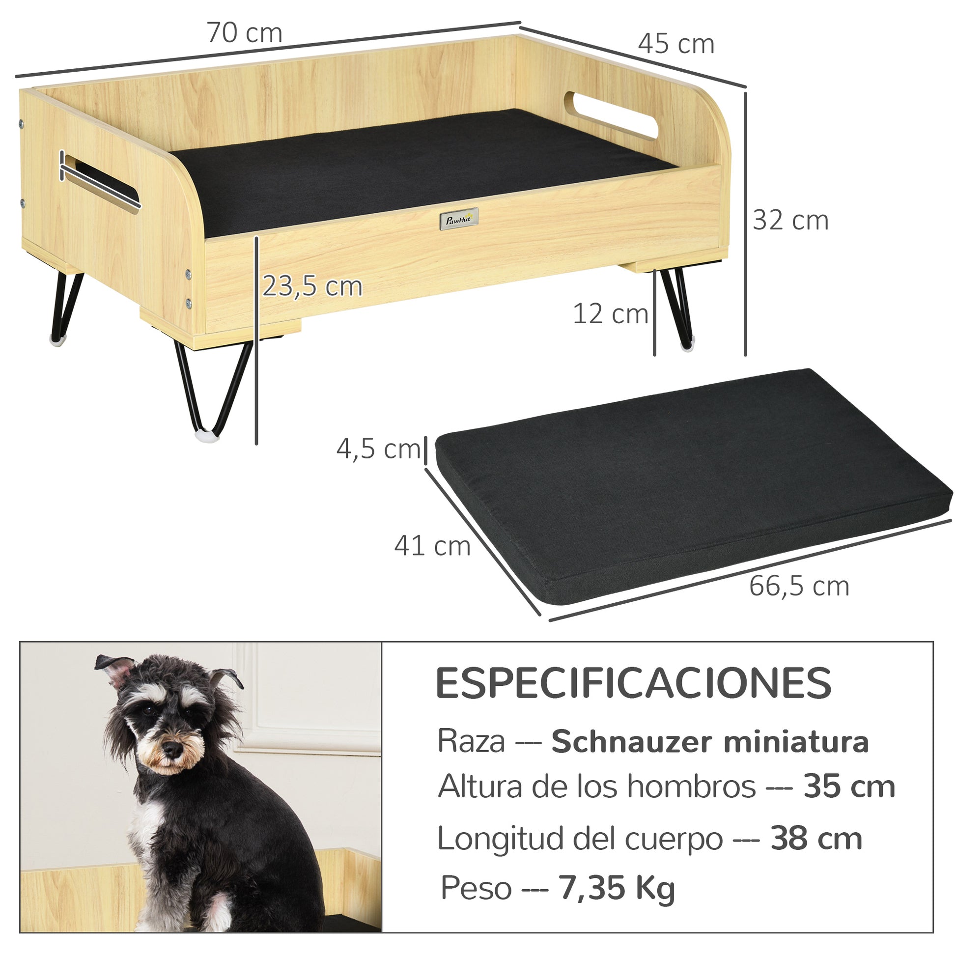 Pawhut Cama De Madera Para Perros Con Cojín Acolchado Patas De Acero 70x45x32 Cm_2