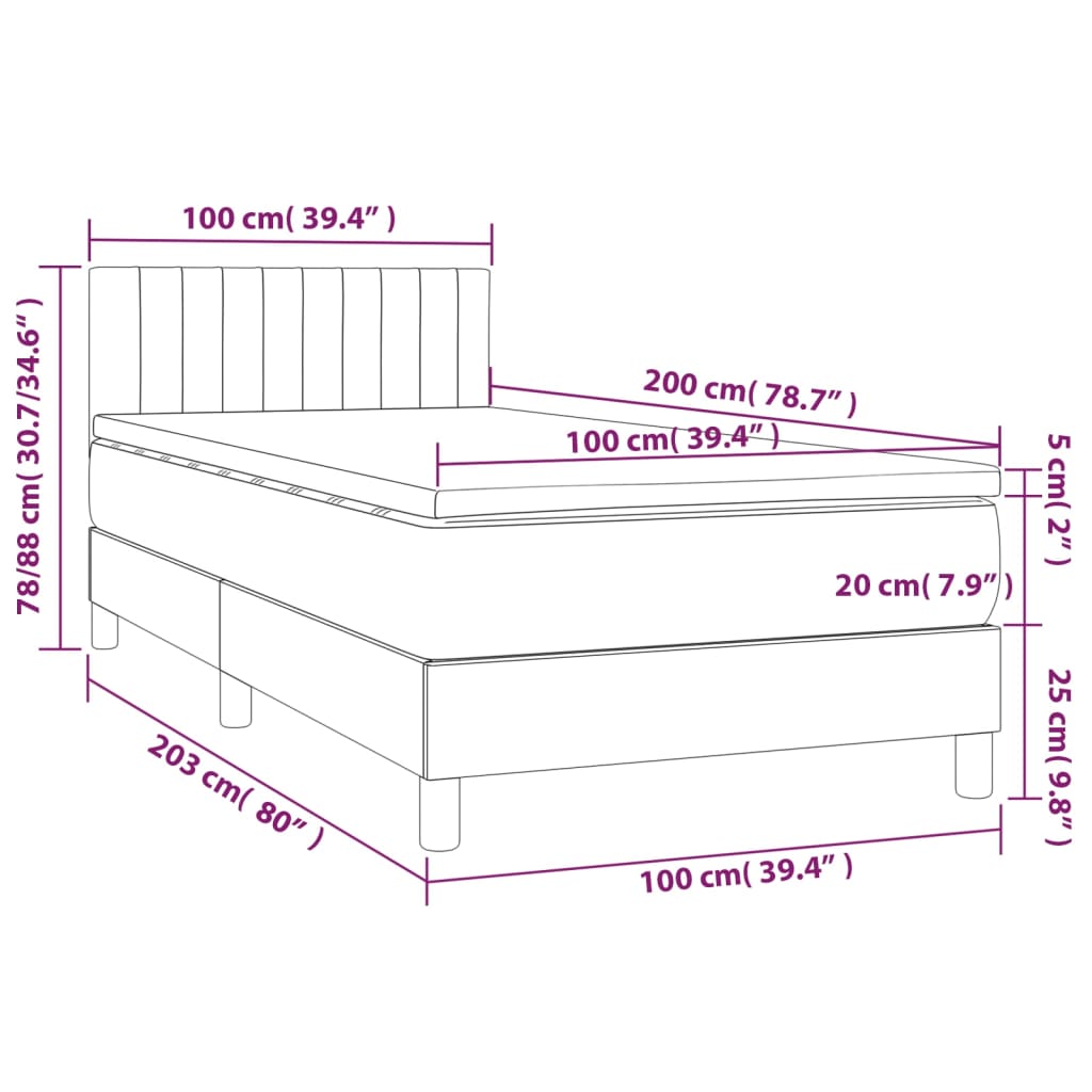 Cama Box Spring Con Colchón Tela Y Led Gris Claro 100x200 Cm / Vetonek_5