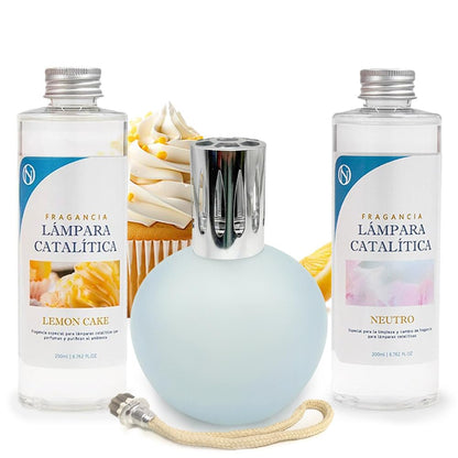 Pack Lámpara Catalítica Azul Grisáceo Mate + Fragancia Lemon Cake 500ml + Limpiador Neutro 200ml + Mecha Repuesto_0
