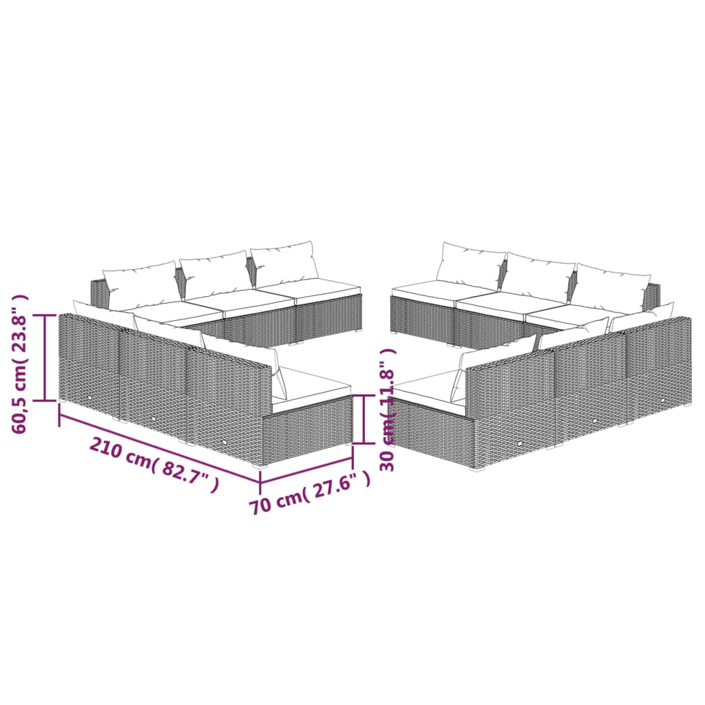 Set Muebles De Jardín Y Cojines 12 Pzas Ratán Sintético Marrón / Vetonek_3