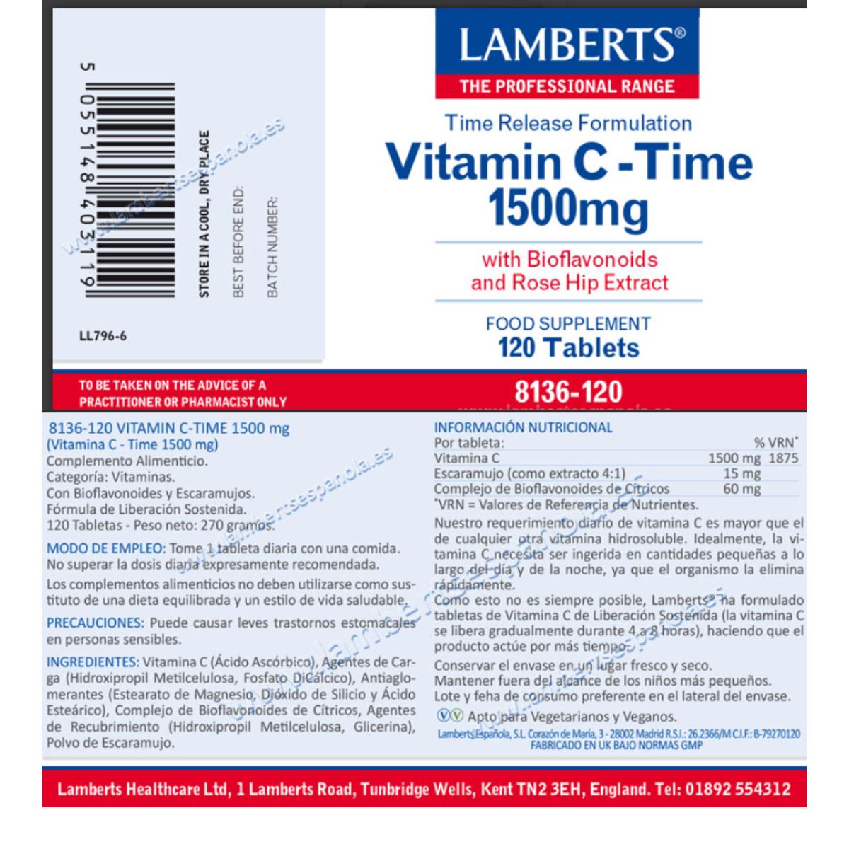 Vitamina C de Libertação Sustentada 1500 mg Lamberts 120 Comprimidos