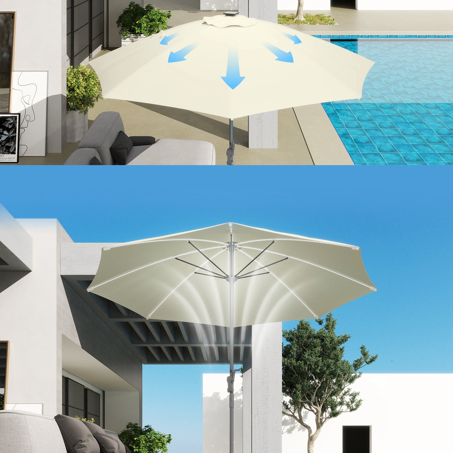Outsunny Sombrilla Terraza Exterior Con Luces Led Ø300x256 Cm Con Manivela Crema_3