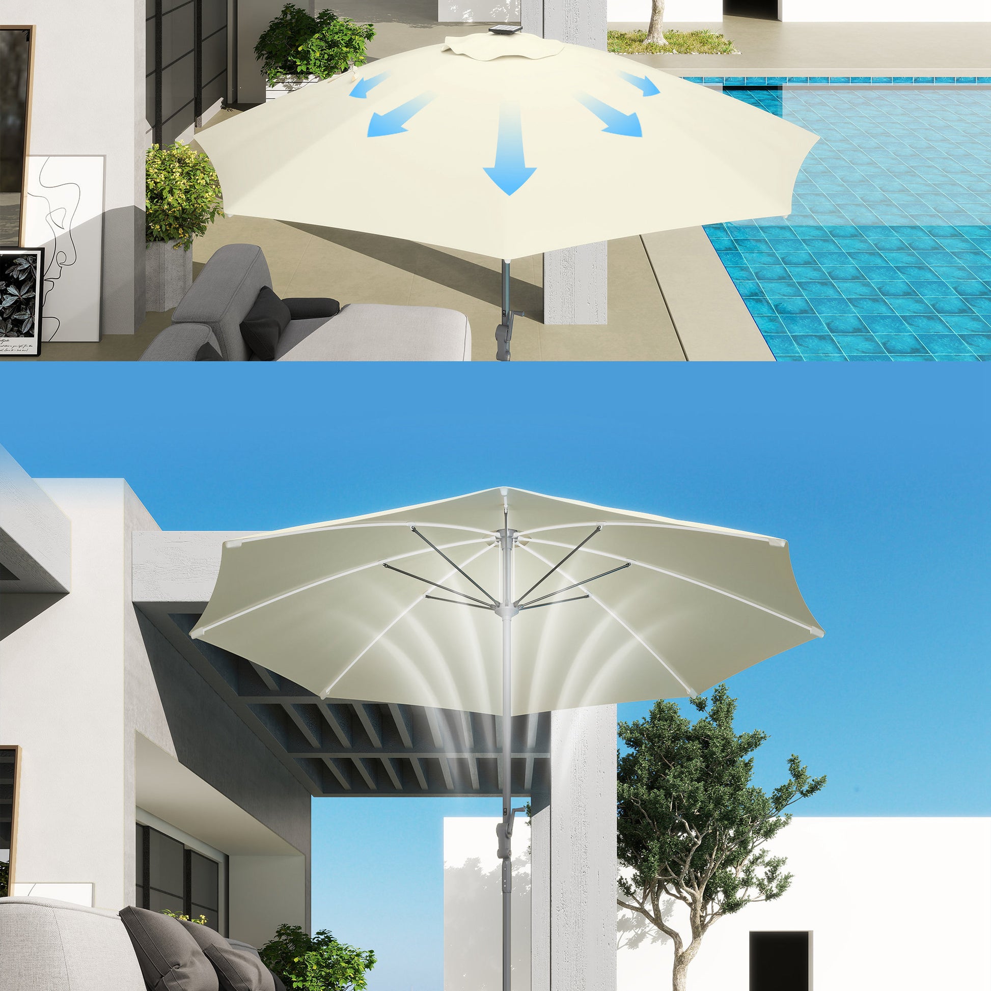 Outsunny Sombrilla Terraza Exterior Con Luces Led Ø300x256 Cm Con Manivela Crema_3