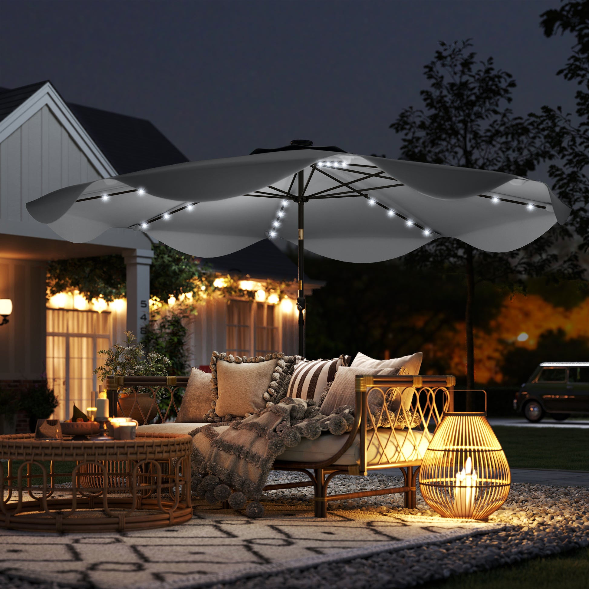 Outsunny Sombrilla De Jardín Ø292x254 Cm Con 32 Luces Led Solares Gris Oscuro_1