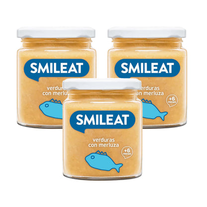 Embalagem de 3 frascos de vegetais e pescada biológica Smileat +6 meses 230g