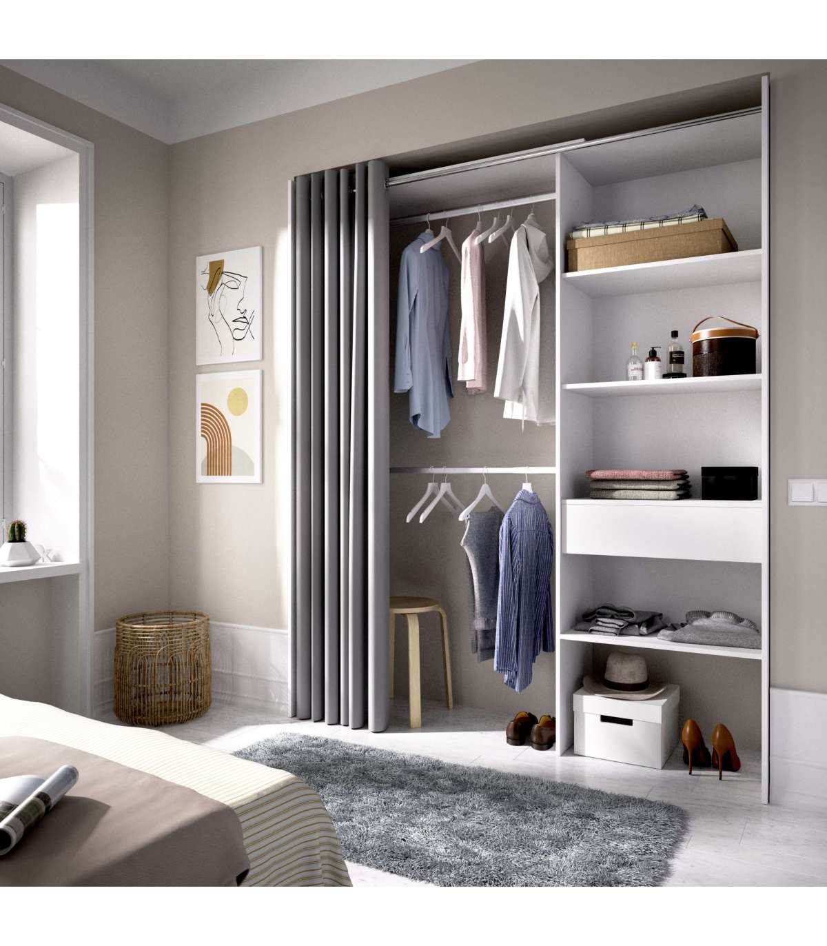 Vestidor Siles Para Dormitorio Con Cortina, 3 Baldas Y 1 Cajon En Color Blanco 205 Cm(alto_4
