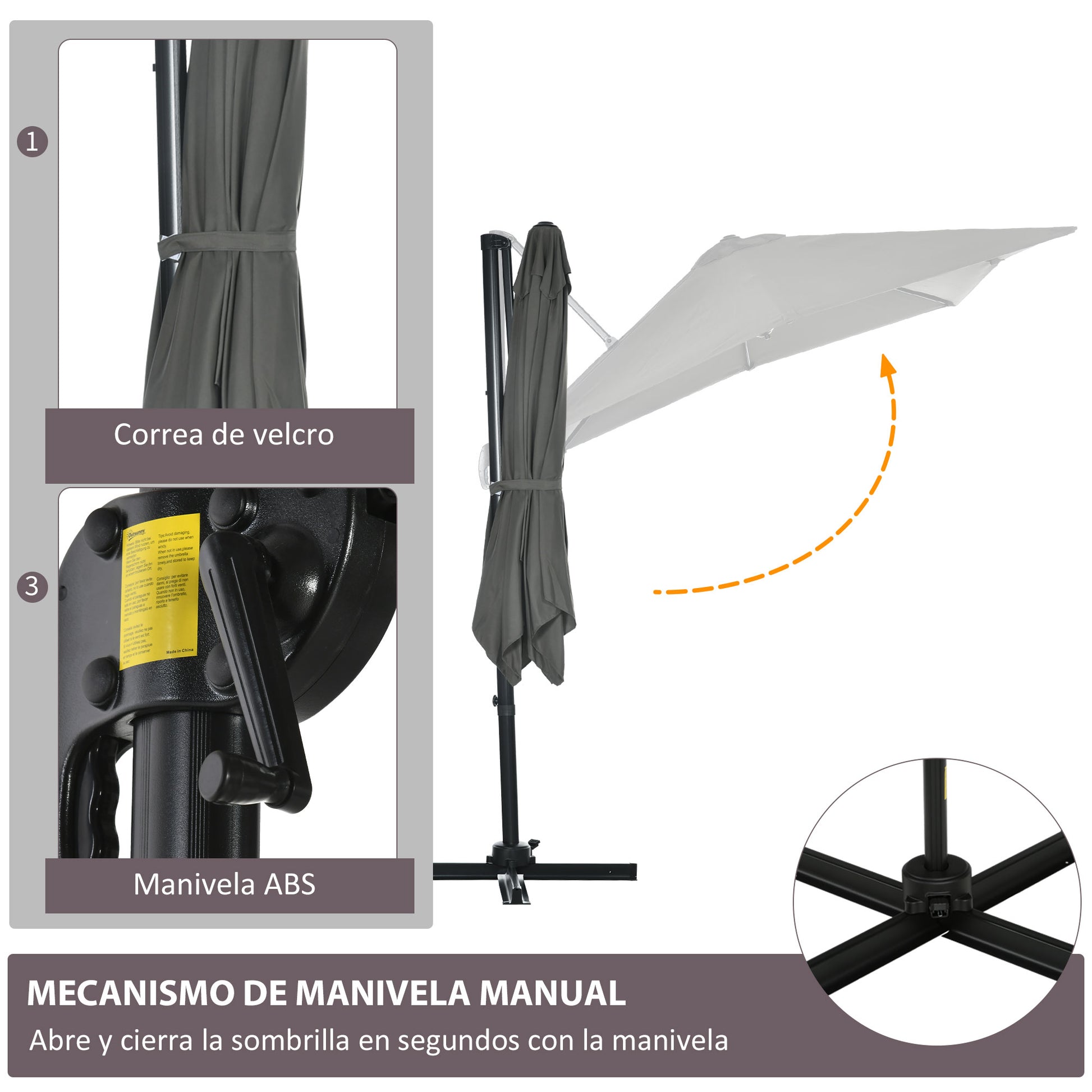 Outsunny Sombrilla De Jardín De Aluminio 245x245x245 Cm Con Manivela Gris_5
