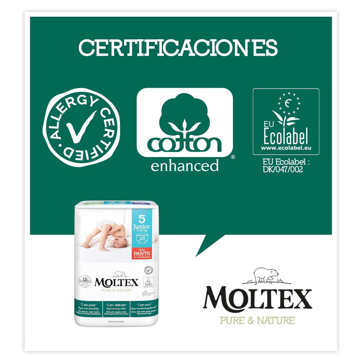 Calças Moltex Pure &amp; Nature T5 (9-14 kg), 20 unidades