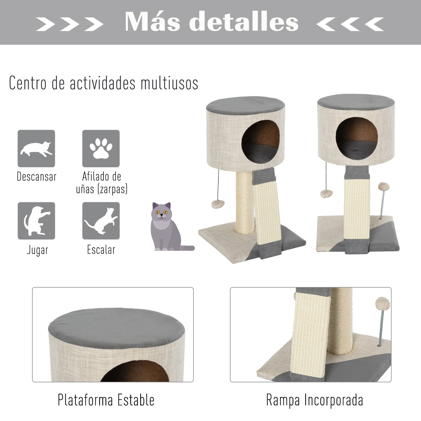 Pawhut Árbol Para Gatos 30x30x50 Cm Con Bola Colgante Cueva Suave Poste Rascador_5