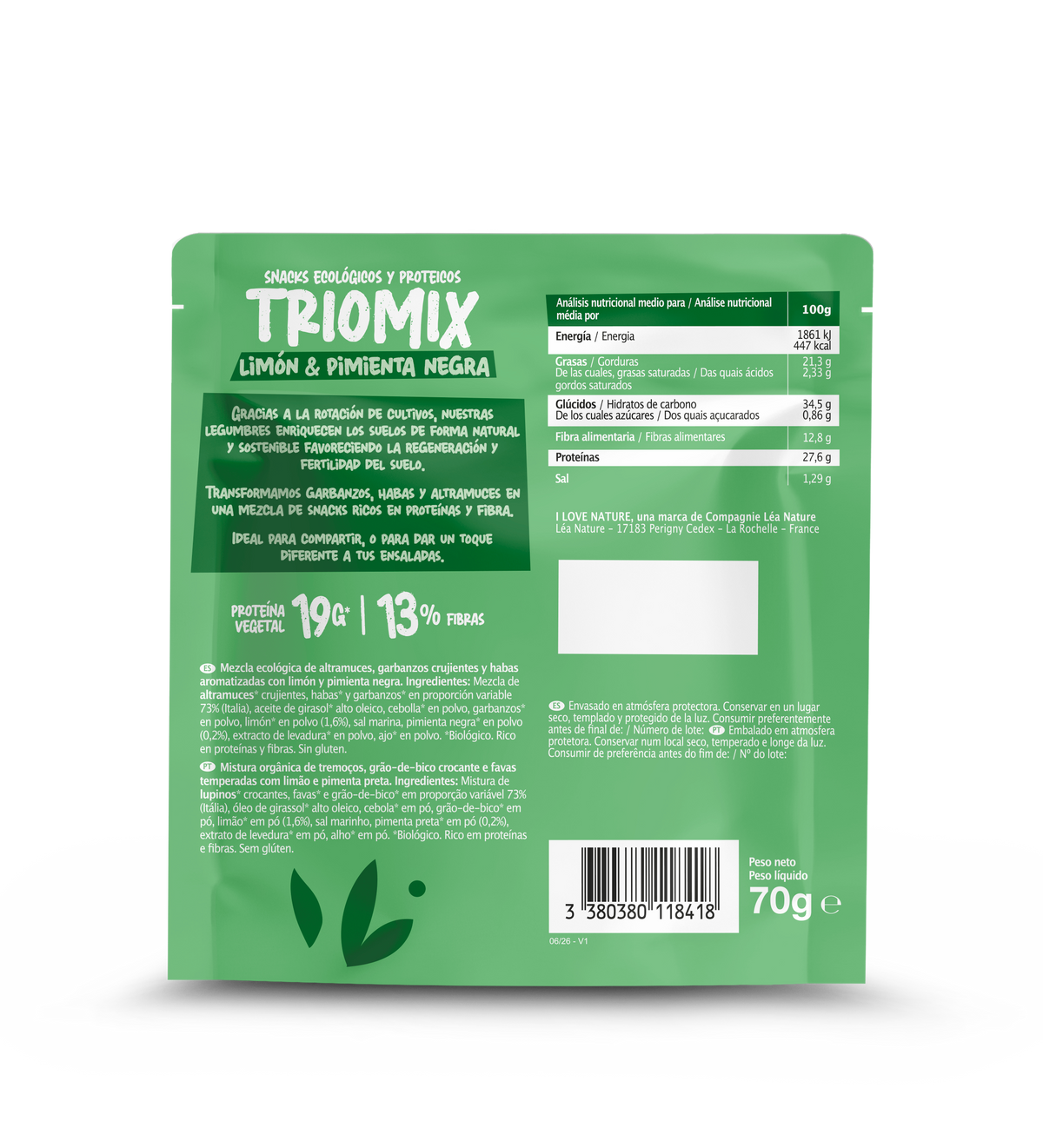 Snack protein Triomix limón-pimienta I Love Nature 70 g