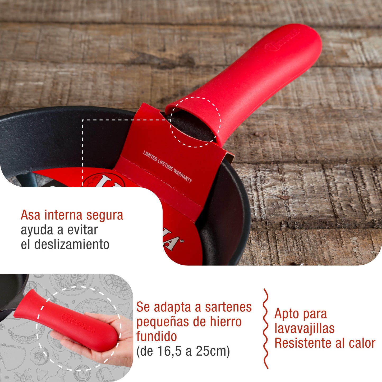Victoria Funda Silicona Mango Protector Para Sartenes De Hierro Fundido Ø 16,5-20 Cm Resistente Al Calor, 35624, Rojo_4