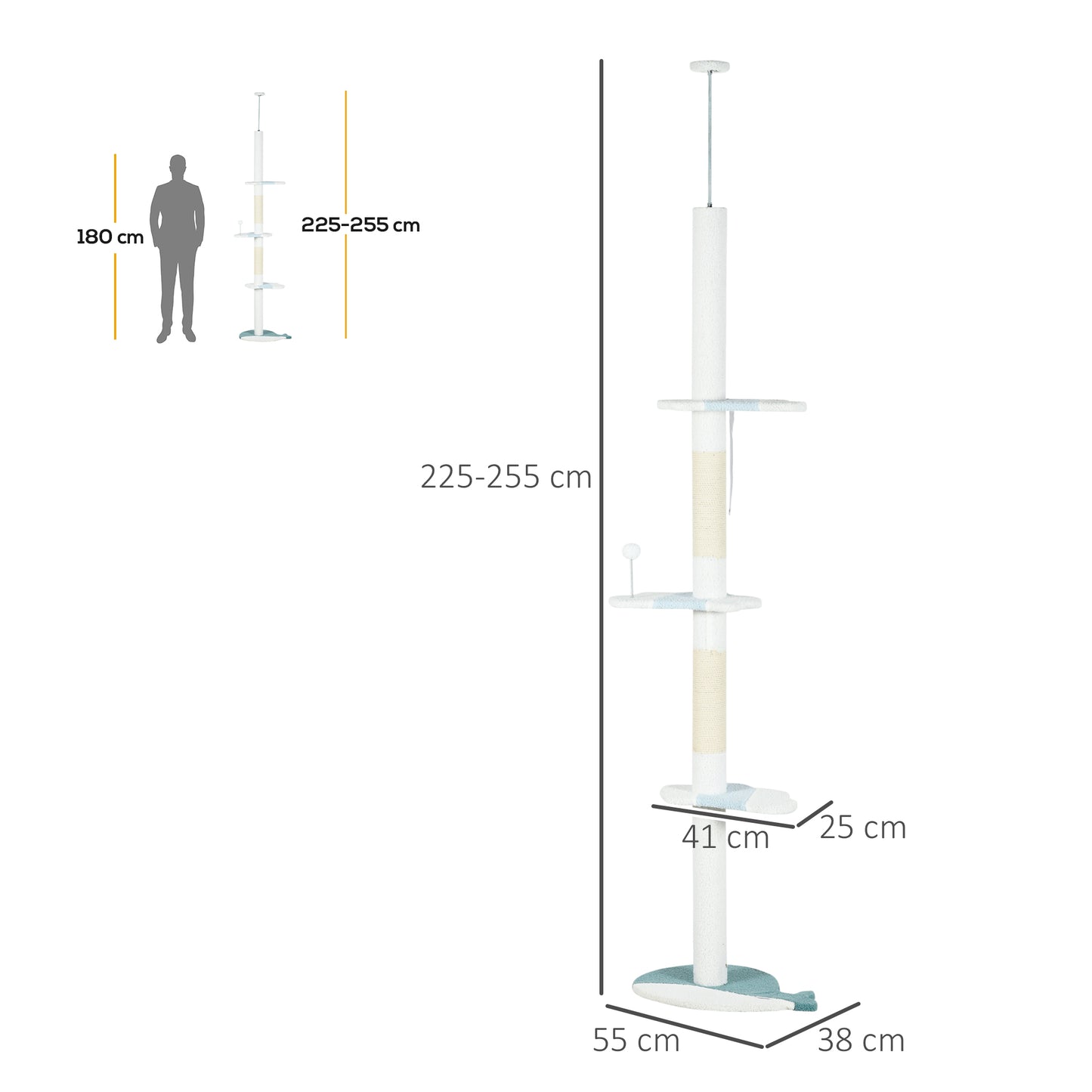 Árbol Rascador Para Gatos De Suelo A Techo Ajustable 55x38x225-255 Cm Blanco_2
