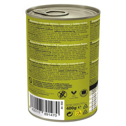 Almôndegas de Porco Fresco Arquivet 400g Ração húmida para cães com carne de porco ibérico, abóbora e feijão verde
