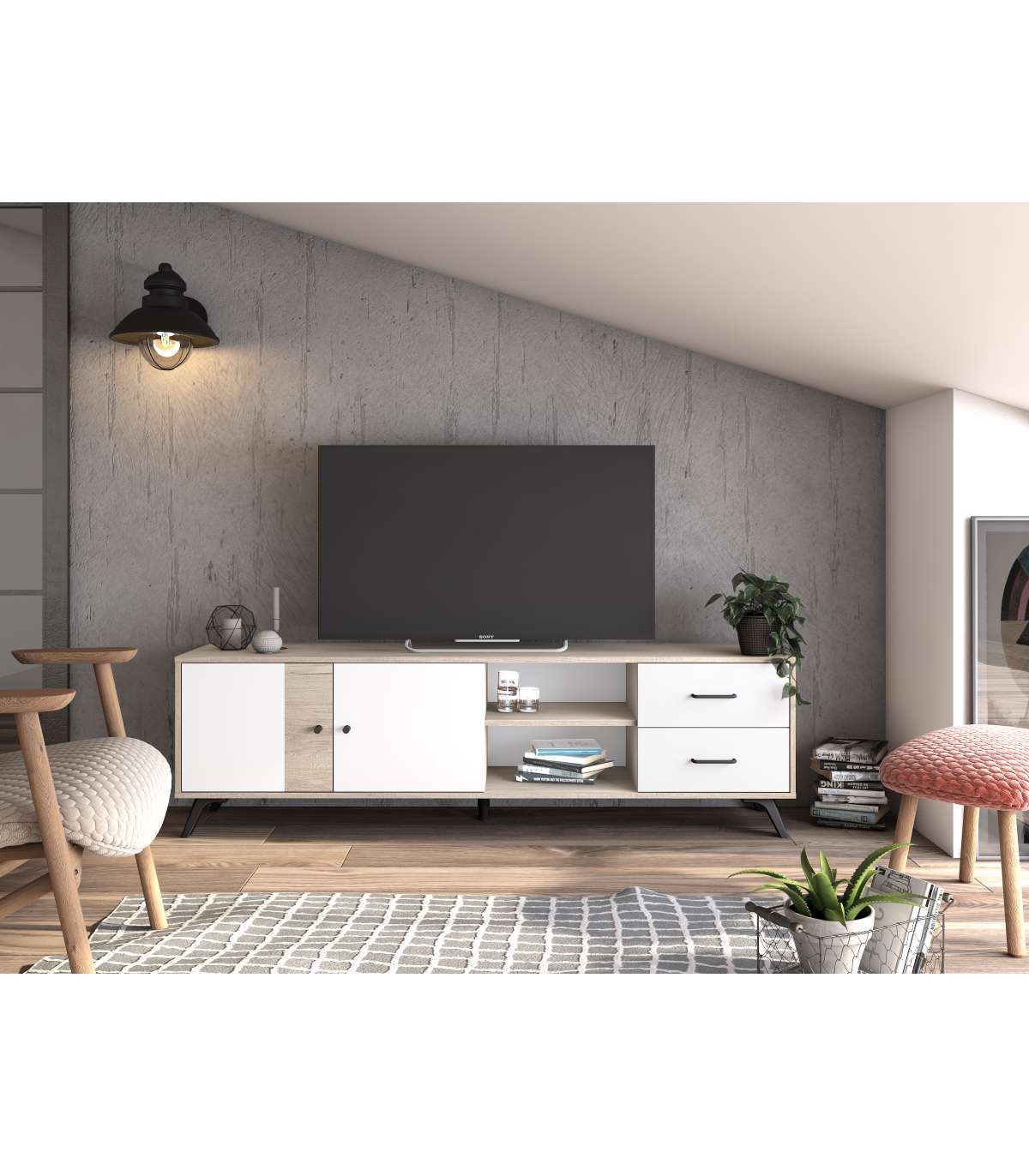 Mueble Para Televisión Modelo Samira 2 Puertas 2 Cajones Acabado Sahara/blanco, 180.5cm(a_1