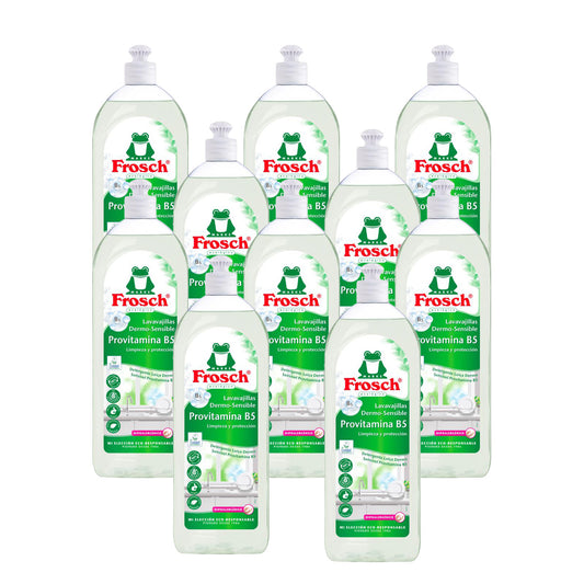 Embalagem de 10 detergentes hipoalergénicos para máquina de lavar louça Frosch 750 ml