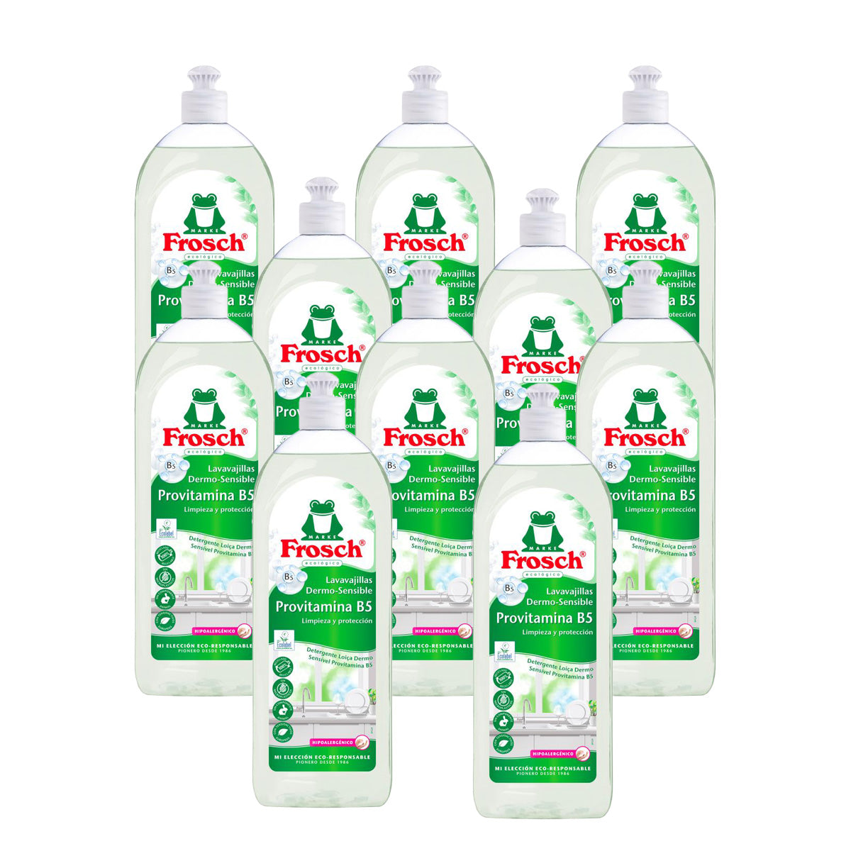 Embalagem de 10 detergentes hipoalergénicos para máquina de lavar louça Frosch 750 ml