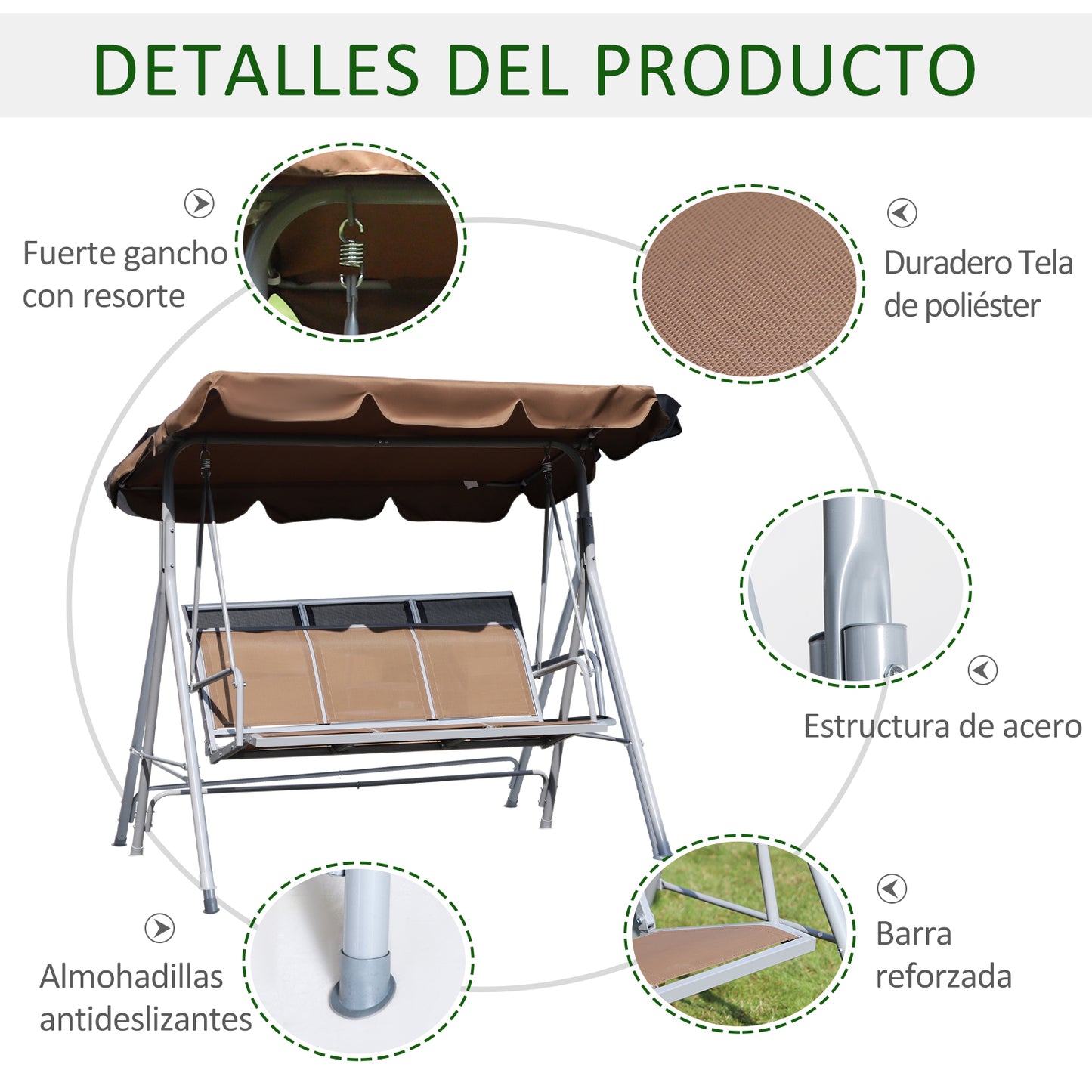 Outsunny Columpio Balancín Jardín De 3 Plazas Con Toldo Ajustable Terraza Marrón_5
