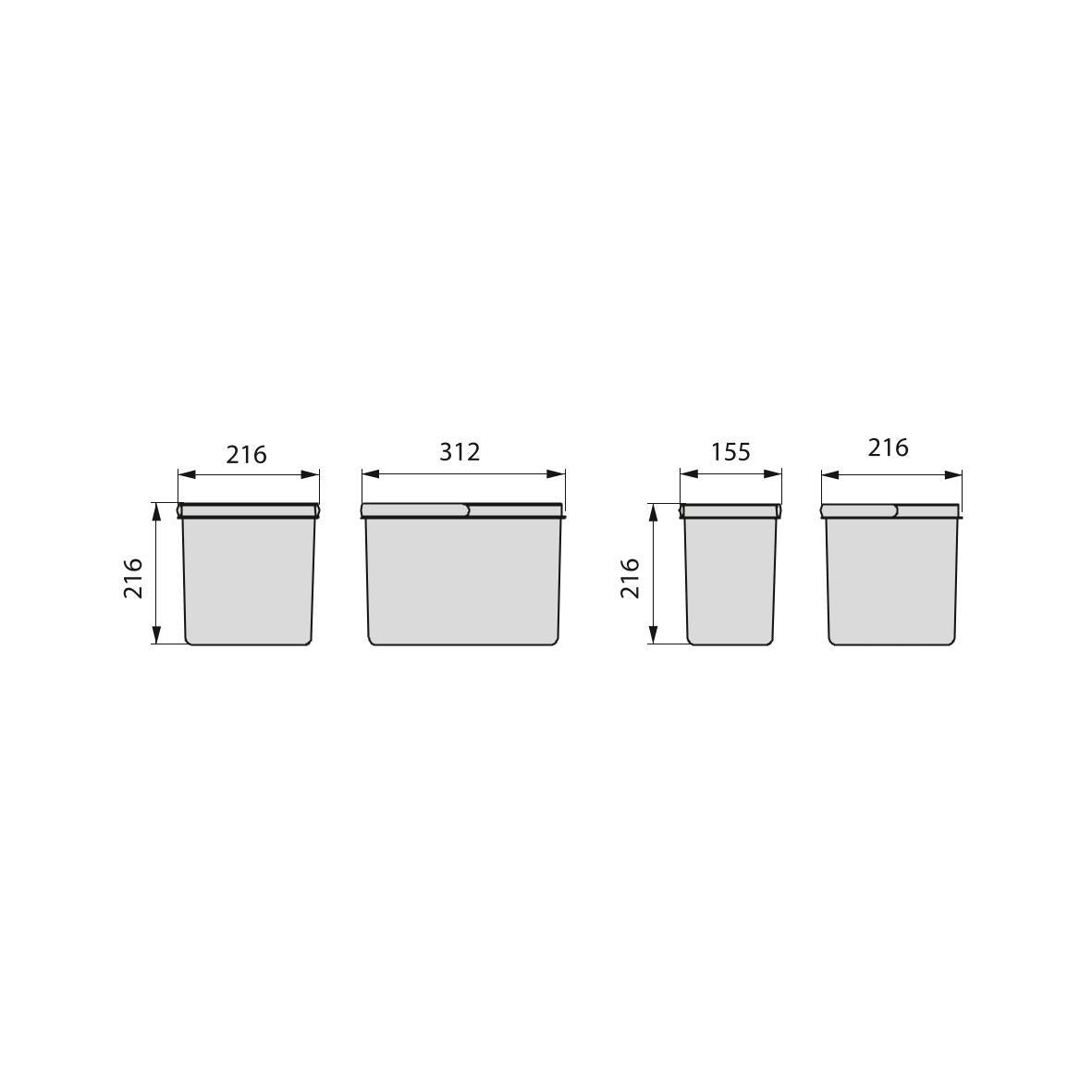 Recipientes para gavetas de cozinha reciclados, Altura 216, 1x12 + 2x6, Plástico cinza antracite, Plástico, Emuca