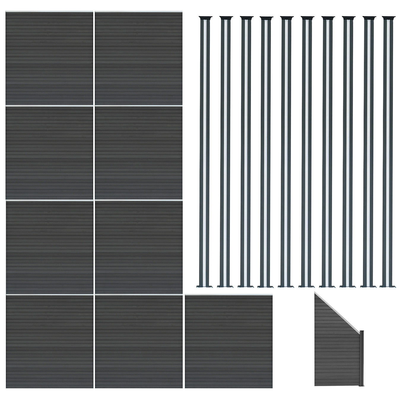 Vallas Para Exteriores De Wpc Y Aluminio - 9x Paneles Cuadrados + 1x Oblicuo + 10x Postes Con Led | Gris_0