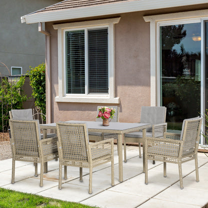 Outsunny Muebles De Comedor Jardín 7 Piezas Mesa De Vidrio Y 6 Sillas De Ratán_1