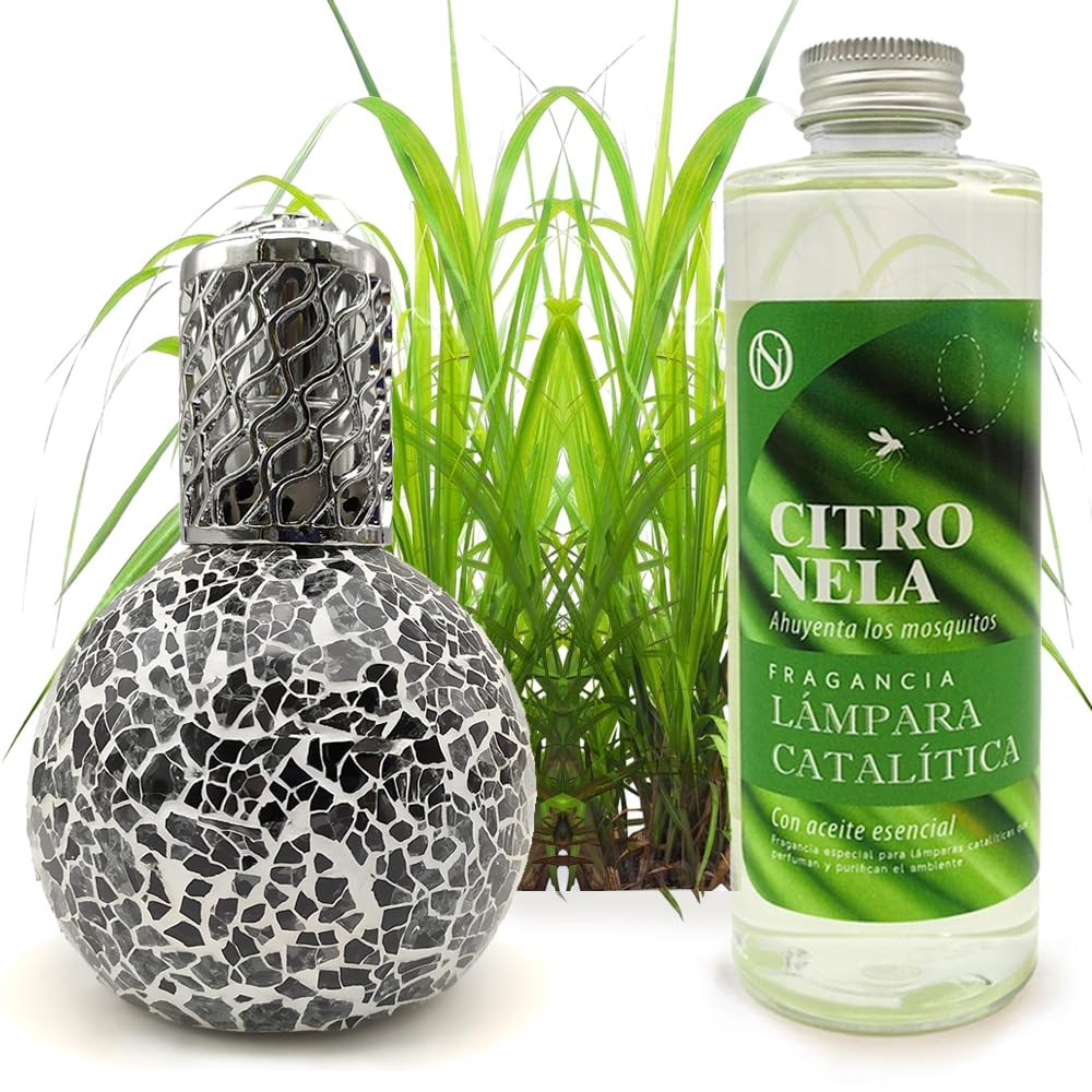 Lámpara Catalítica Mosaico Negro + Fragancia Citronela 500ml - Elimina Malos Olores, Impurezas Y Perfuma_0