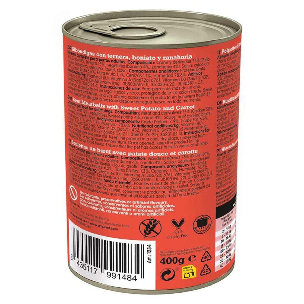 Arquivet Almôndegas de Carne Fresca 400g Ração húmida para cães com carne de vaca, batata-doce e cenoura