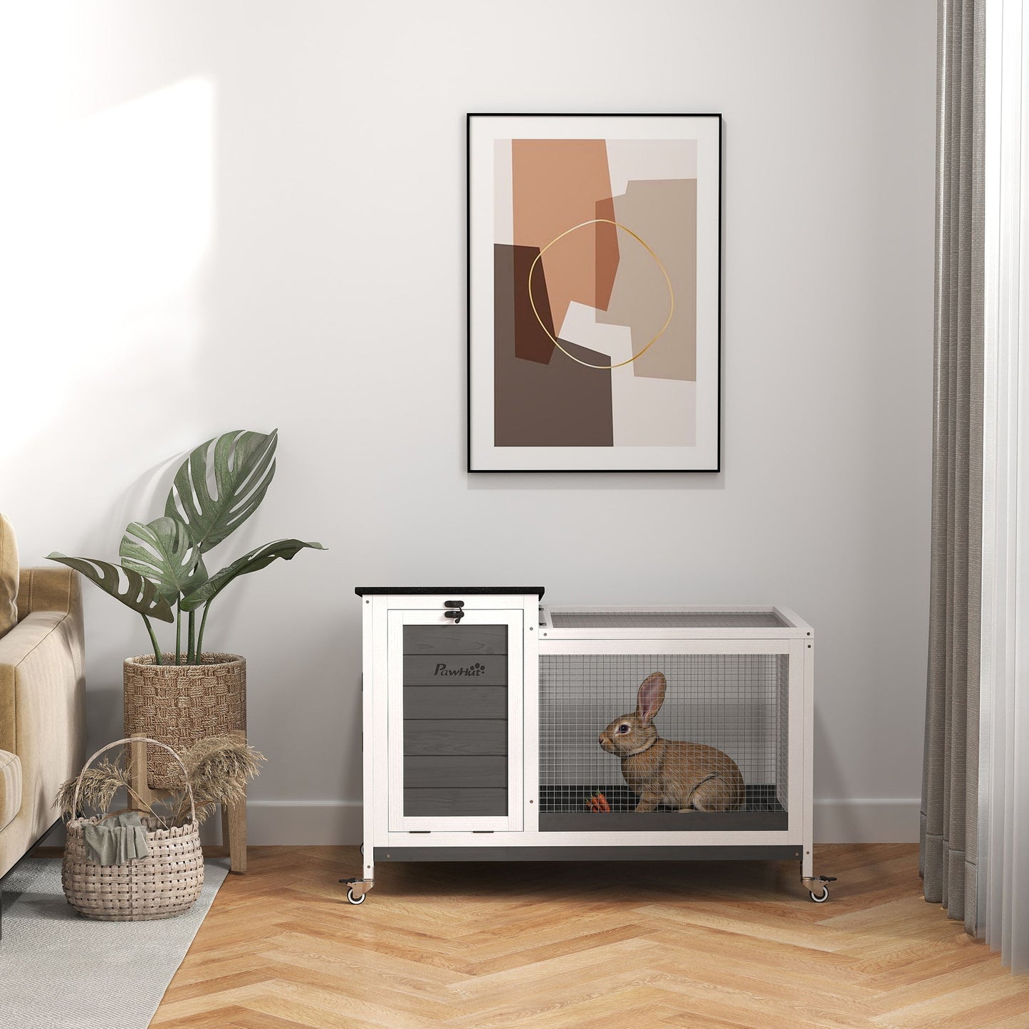 Pawhut Conejera De Madera Con Ruedas Techo Abatible 91x51x66 Cm Gris Oscuro_3