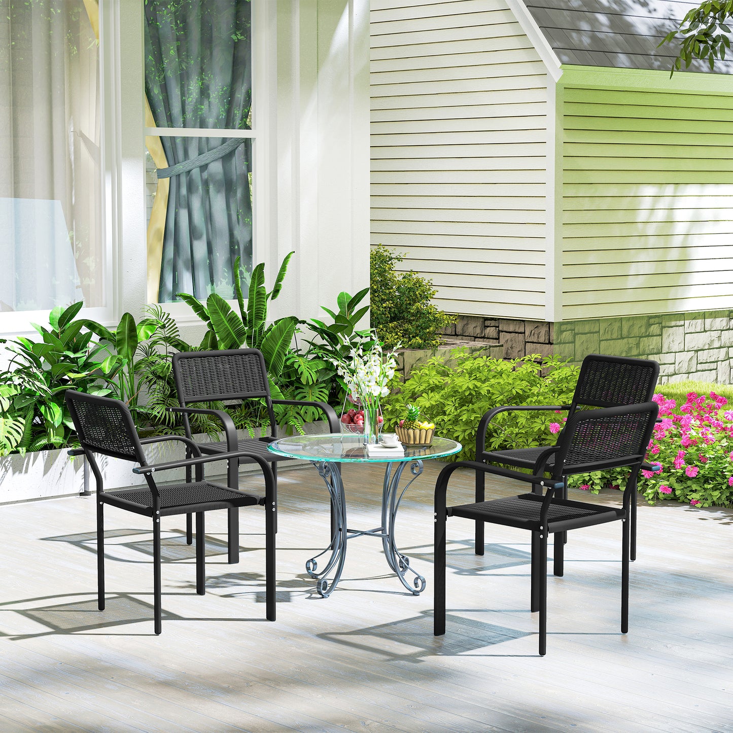 Outsunny Juego De 4 Sillas De Jardín Exterior Apilables 55x60x83 Cm Negro_4