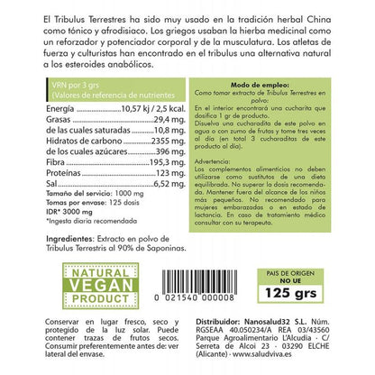 Tribulus terrestris 90% saponinas em pó Saúde Viva 125g