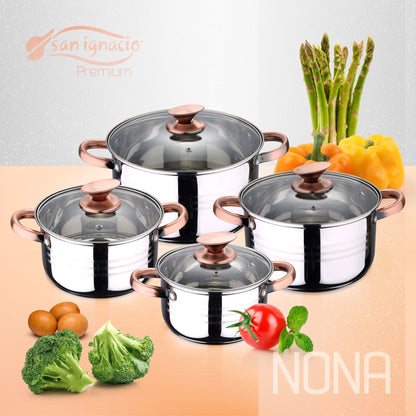 Batería de Cocina San Ignacio Premium Nona 8 Pzas Acero Inoxidable con Sartenes (18/22 cm) y Grill 28x28 cm