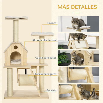 Pawhut Árbol Rascador Para Gatos Madera 125 Cm Con Camas Cueva Postes De Sisal_5