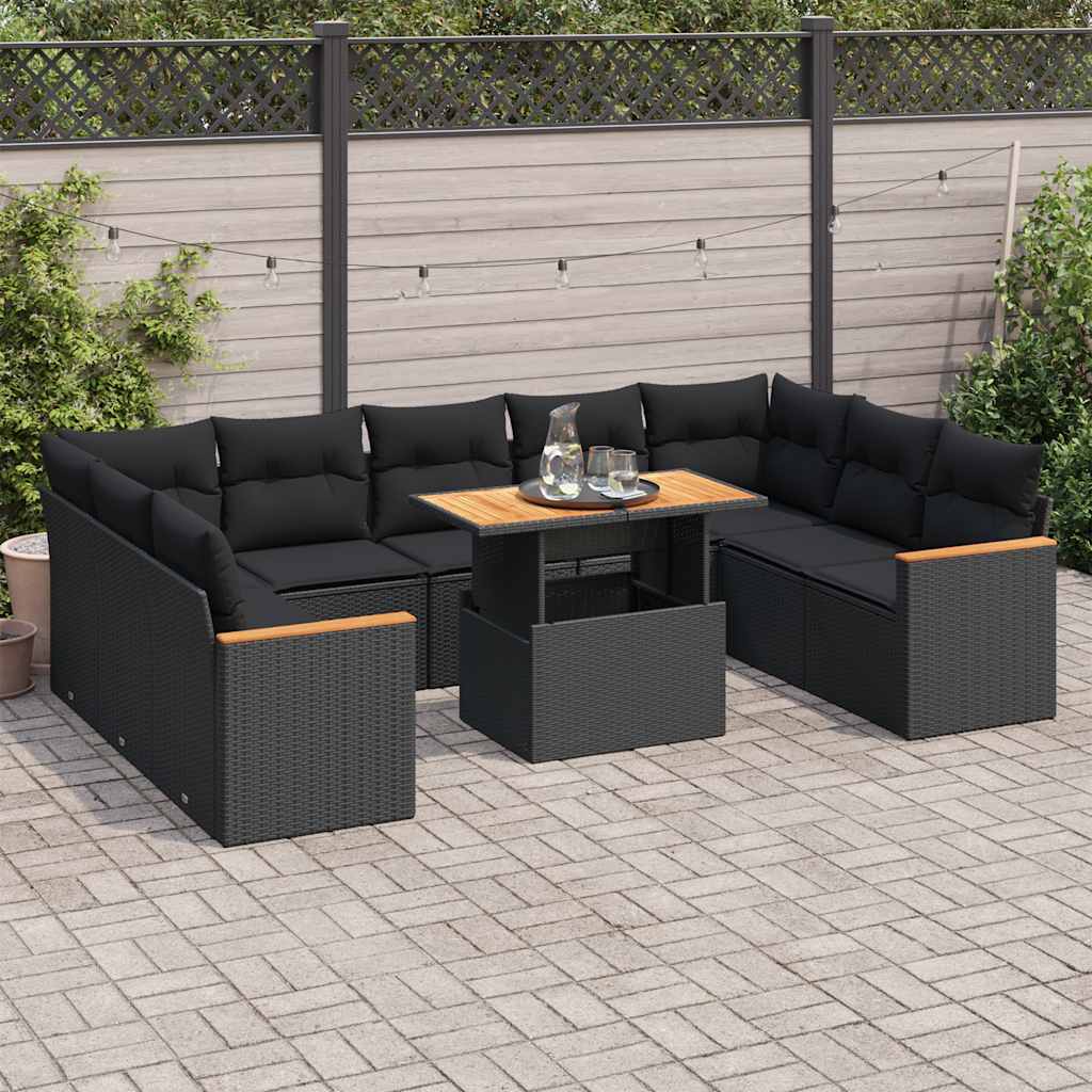 Set Sofás Jardín Y Cojines 10 Pzas Ratán Sintético Acacia Negro / Vetonek_2
