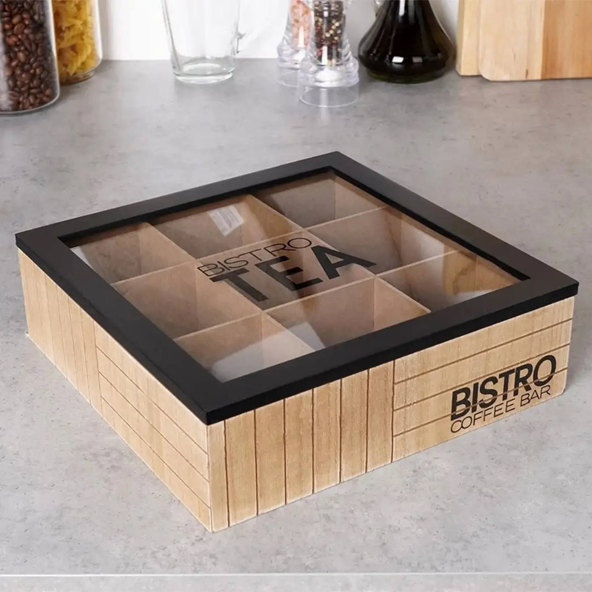 Well Home Caja De Té De 9 Compartimentos Con Tapa De Vidrio Color Negro_3